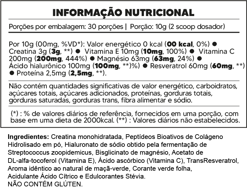 Tabela nutricional da Creatina Beauty